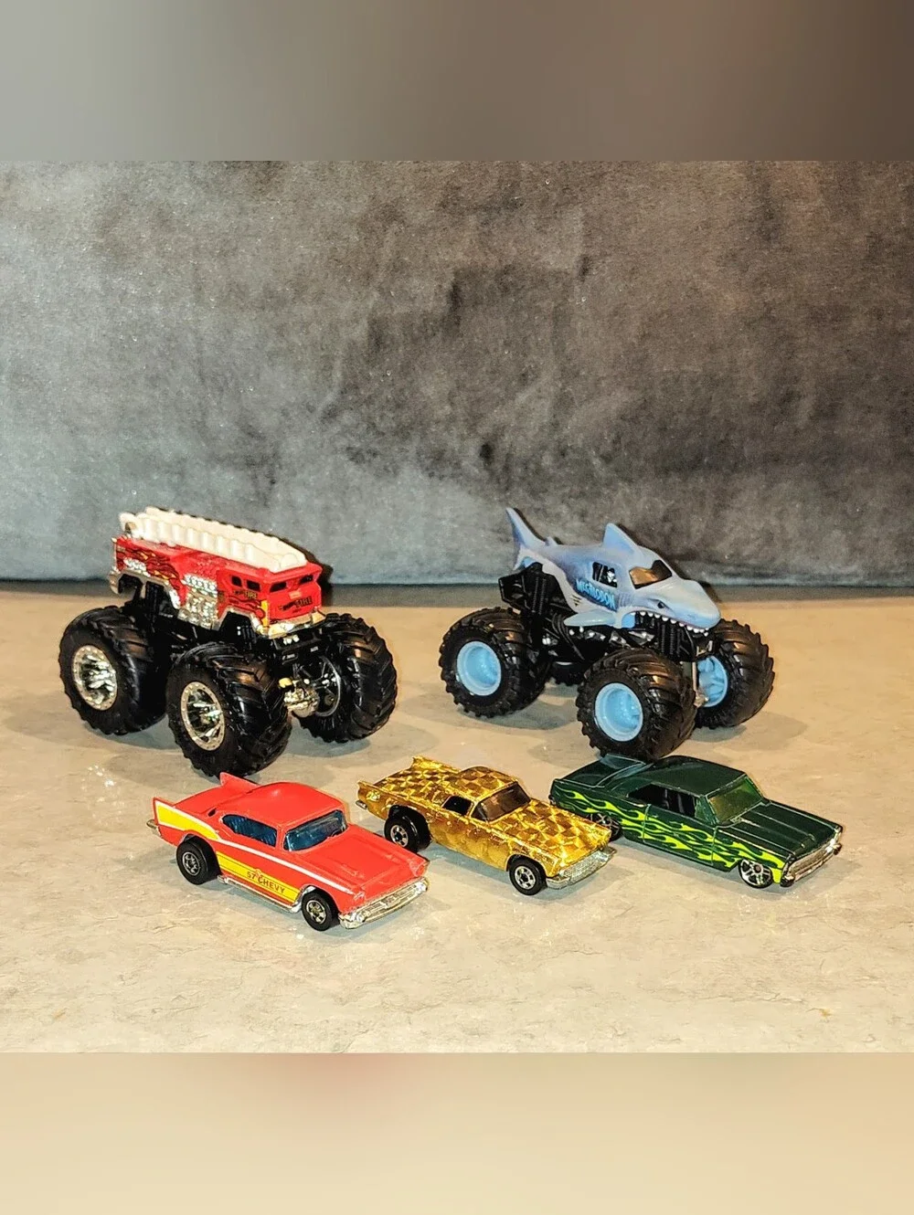 5 VTG HOT WHEELS 57' THUNDERBIRD 57' CHEVY 66' CHEVY NOVA SS & 2 MONSTER TRUCKS